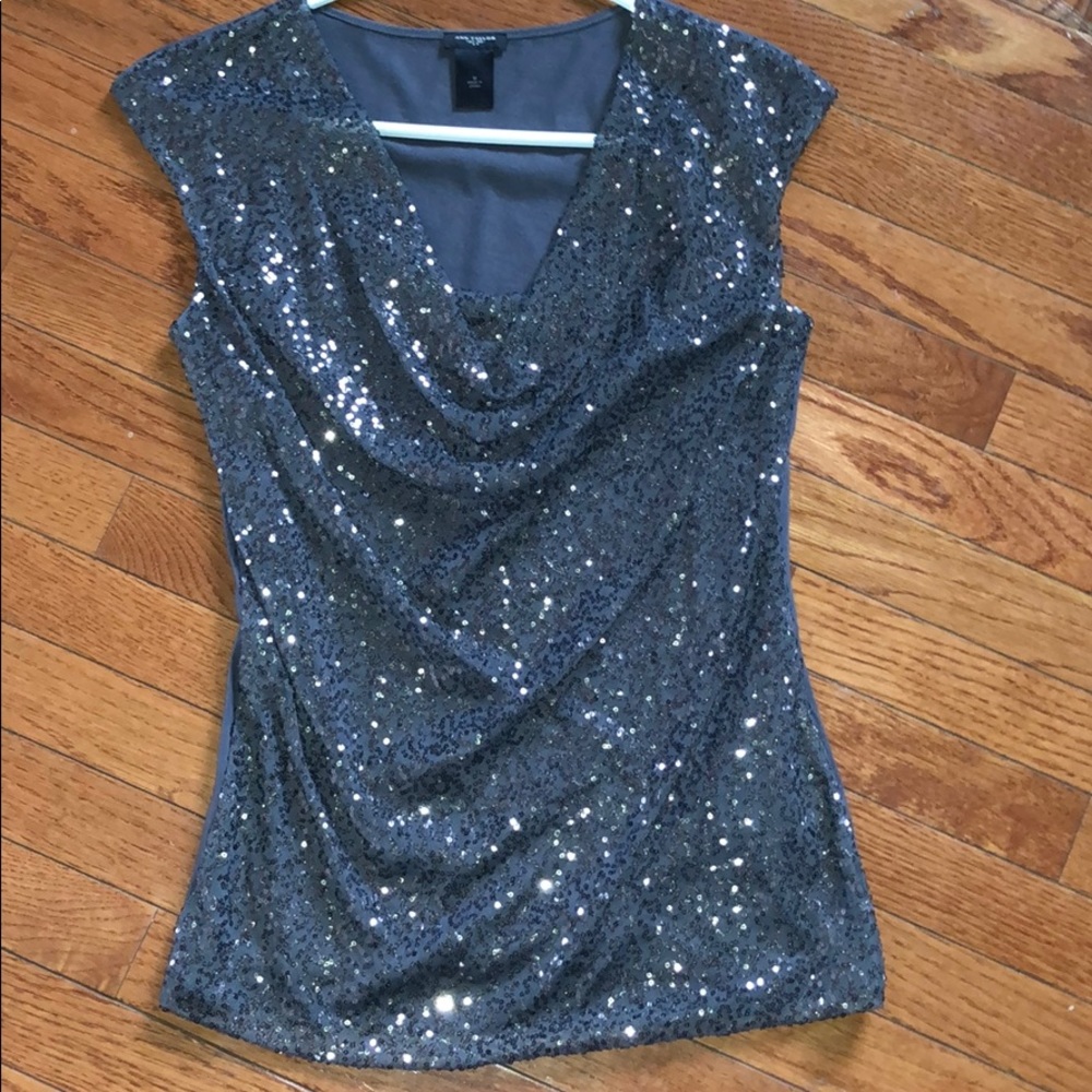 Dark grey cowl neck sleeveless sequin shirt